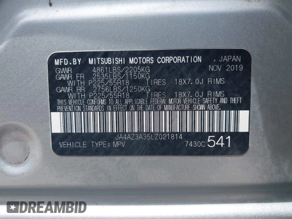 2020 Mitsubishi Outlander ES with VIN JA4AZ3A35LZ021814, listed as a IAAI auction lot 42455892 with 78,670 mi miles and . Bid and sale history available at DreamBid. Image 9.