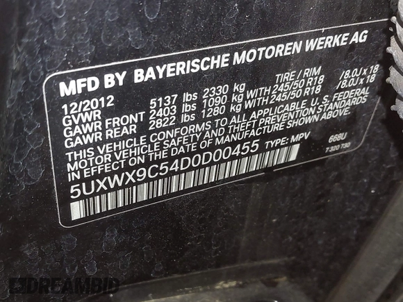 2013 BMW X3 xDrive28i with VIN 5UXWX9C54D0D00455, listed as a IAAI auction lot 42189306 with 156,704 mi miles and . Bid and sale history available at DreamBid. Image 9.