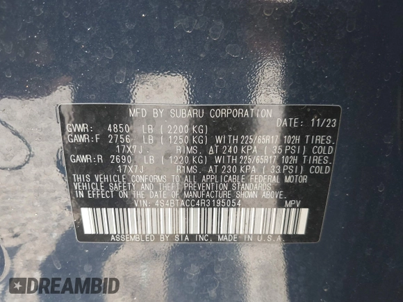 2024 Subaru Outback Premium with VIN 4S4BTACC4R3195054, listed as a IAAI auction lot 42261283 with 16,257 mi miles and . Bid and sale history available at DreamBid. Image 9.