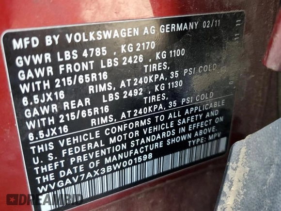 2011 Volkswagen Tiguan S z VIN WVGAV7AX3BW001598, wystawiony jako Copart lot #57518545 z przebiegiem 135 668 mil mil oraz Szkoda całkowita • Salvage title. Historia ofert i sprzedaży dostępna na DreamBid. Obrazek 13.