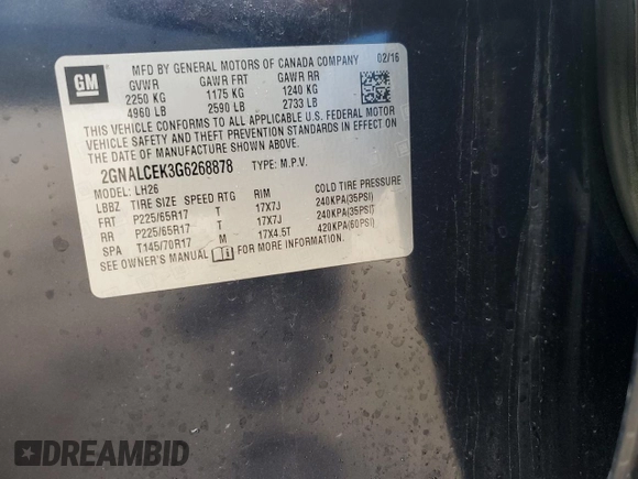 2016 Chevrolet Equinox LT with VIN 2GNALCEK3G6268878, listed as a Copart auction lot 48953915 with 87,445 mi miles and Clean Title. Bid and sale history available at carsss.com. Image 13.