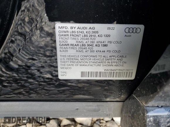 2022 Audi SQ5 Premium Plus with VIN WA1B4AFY5N2126277, listed as a Copart auction lot 76805603 with 16,529 mi miles and . Bid and sale history available at DreamBid. Image 16.