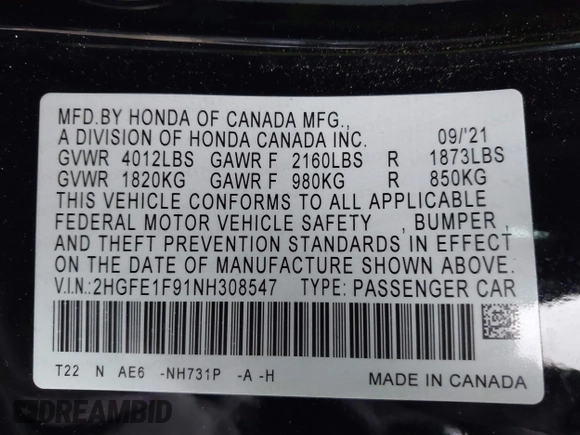 2022 Honda Civic Sedan Touring with VIN 2HGFE1F91NH308547, listed as a IAAI auction lot 41882514 with 39,249 mi miles. Bid and sale history available at carsss.com. Image 9.