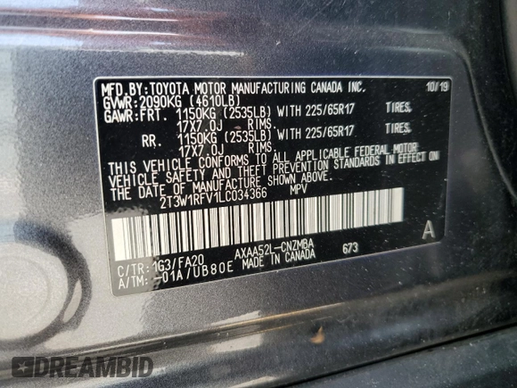 2020 Toyota RAV4 XLE with VIN 2T3W1RFV1LC034366, listed as a Copart auction lot 61774875 with 77,335 mi miles and Salvage title. Bid and sale history available at DreamBid. Image 13.