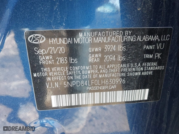 2020 Hyundai Elantra Value Edition with VIN 5NPD84LF0LH630996, listed as a IAAI auction lot 41566447 with 37,017 mi miles. Bid and sale history available at carsss.com. Image 9.