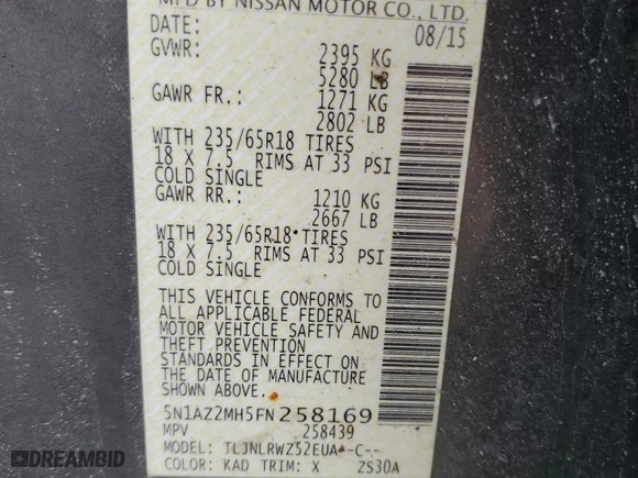 2015 Nissan Murano SL with VIN 5N1AZ2MH5FN258169, listed as a Copart auction lot 49240345 with 101,885 mi miles and Salvage Title. Bid and sale history available at carsss.com. Image 13.
