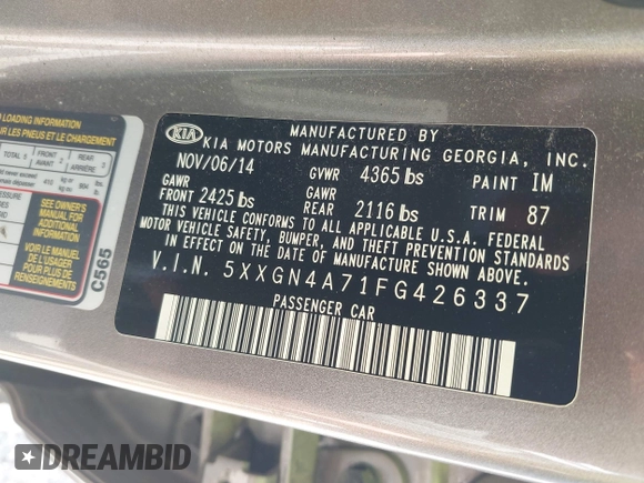 2015 Kia Optima EX with VIN 5XXGN4A71FG426337, listed as a IAAI auction lot 42589955 with 119,473 mi miles and . Bid and sale history available at DreamBid. Image 9.