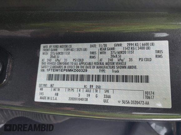 2021 Ford F-150 XL with VIN 1FTEW1EP8MKD00329, listed as a IAAI auction lot 42879314 with 74,403 mi miles and . Bid and sale history available at DreamBid. Image 9.