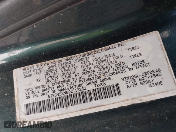 2002 Toyota Tacoma PreRunner z VIN 5TESN92N62Z119262, wystawiony jako IAAI lot #41848612 z przebiegiem 324 700 mil mil oraz . Historia ofert i sprzedaży dostępna na DreamBid. Obrazek 9.