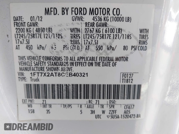 2012 Ford F-250 XLT with VIN 1FT7X2AT8CEB40321, listed as a IAAI auction lot 42170071 with 282,492 mi miles and . Bid and sale history available at DreamBid. Image 9.