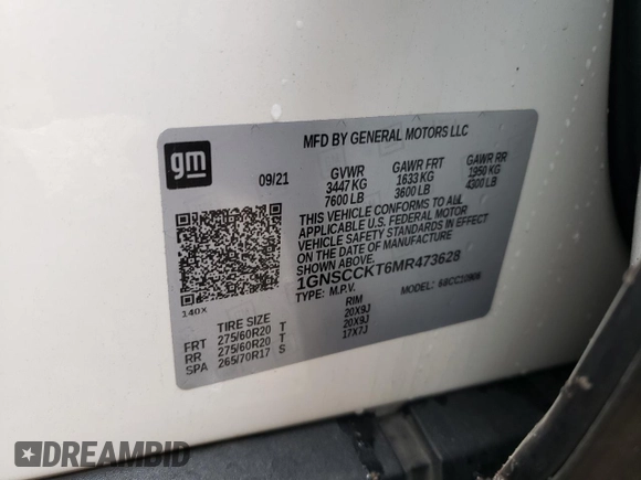 2021 Chevrolet Suburban with VIN 1GNSCCKT6MR473628, listed as a Copart auction lot 87695725 with 57,110 mi miles and Salvage title. Bid and sale history available at DreamBid. Image 14.