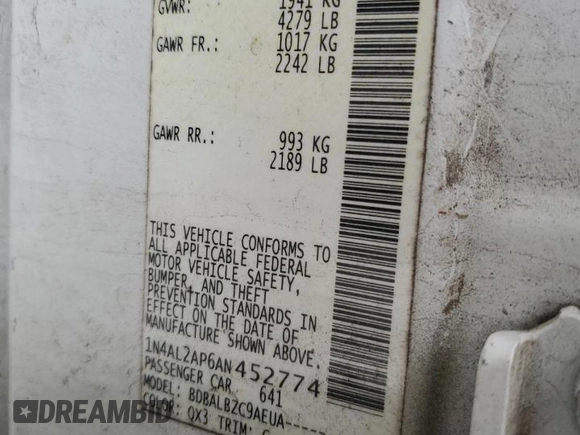 2010 Nissan Altima S z VIN 1N4AL2AP6AN452774, wystawiony jako Copart lot #58274625 z przebiegiem 212 172 mil mil oraz Szkoda całkowita • Salvage title. Historia ofert i sprzedaży dostępna na DreamBid. Obrazek 12.