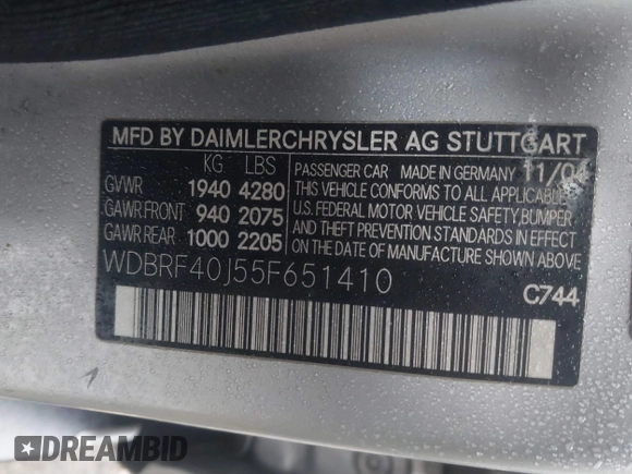 2005 Mercedes-Benz C 230 Kompressor with VIN WDBRF40J55F651410, listed as a IAAI auction lot 41542616 with 256,638 mi miles and . Bid and sale history available at DreamBid. Image 9.