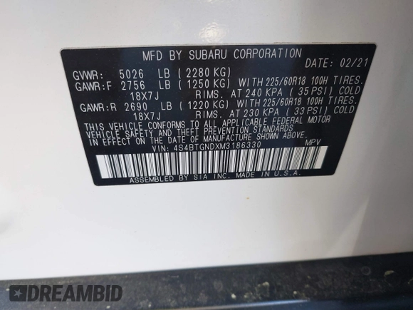 2021 Subaru Outback Limited XT with VIN 4S4BTGNDXM3186330, listed as a IAAI auction lot 41968103 with 57,095 mi miles and . Bid and sale history available at DreamBid. Image 9.