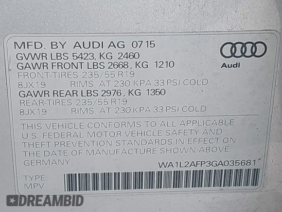2016 Audi Q5 Premium Plus z VIN WA1L2AFP3GA035681, wystawiony jako IAAI lot #42549932 z przebiegiem 120 247 mil mil oraz . Historia ofert i sprzedaży dostępna na DreamBid. Obrazek 9.