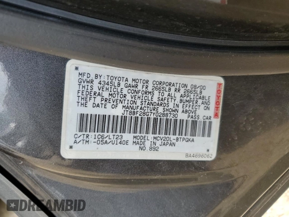 2000 Lexus ES 300 with VIN JT8BF28G7Y0288730, listed as a Copart auction lot 59120015 with 108,449 mi miles and Clean title. Bid and sale history available at DreamBid. Image 12.