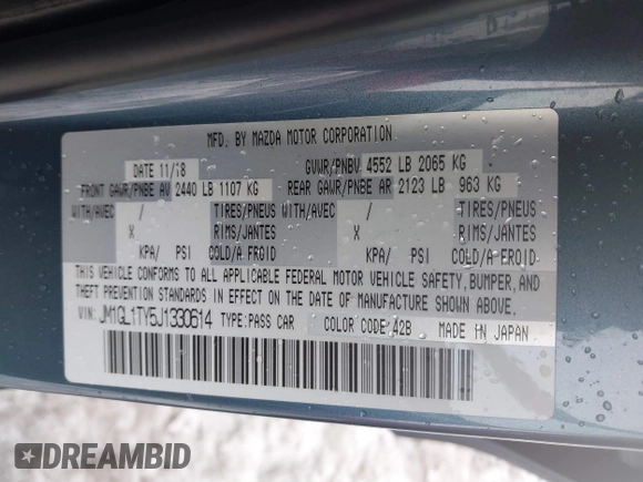 2018 Mazda 6 Grand Touring with VIN JM1GL1TY5J1330614, listed as a IAAI auction lot 41354444 with 100,744 mi miles and . Bid and sale history available at DreamBid. Image 9.