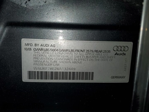 2006 Audi A4 2.0T с VIN WAUKF78E26A132449, выставлен на аукционе Copart как лот 44455335 с пробегом 160 854 миль миль и Списание • Salvage title. История ставок и продаж доступна на DreamBid. Изображение 12.