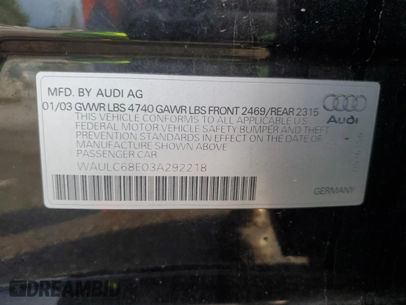 2003 Audi A4 1.8T with VIN WAULC68E03A292218, listed as a Copart auction lot 45030785 with 170,803 mi miles and Salvage Title. Bid and sale history available at carsss.com. Image 14.