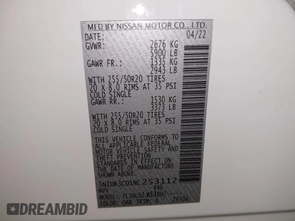 2022 Nissan Pathfinder SL с VIN 5N1DR3CD1NC253112, выставлен на аукционе IAAI как лот 42156033 с пробегом 40 025 миль миль и . История ставок и продаж доступна на DreamBid. Изображение 9.