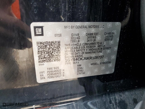 2019 Cadillac Escalade Premium Luxury with VIN 1GYS4CKJ6KR109737, listed as a Copart auction lot 85666414 with 77,037 mi miles and Salvage Title. Bid and sale history available at carsss.com. Image 13.