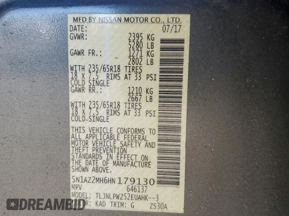 2017 Nissan Murano S with VIN 5N1AZ2MH6HN179130, listed as a Copart auction lot 45609795 with 89,452 mi miles and Salvage Title. Bid and sale history available at DreamBid. Image 13.