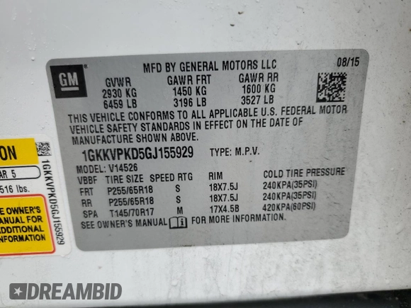2016 GMC Acadia SLE z VIN 1GKKVPKD5GJ155929, wystawiony jako Copart lot #55496655 z przebiegiem 199 238 mil mil oraz Szkoda całkowita • Salvage title. Historia ofert i sprzedaży dostępna na DreamBid. Obrazek 13.