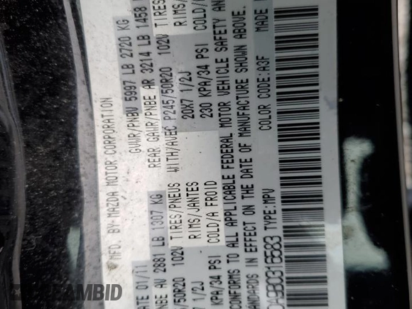 2011 Mazda CX-9 Grand Touring with VIN JM3TB3DA9B0316583, listed as a Copart auction lot 45943295 with 166,442 mi miles and Salvage Title. Bid and sale history available at DreamBid. Image 15.