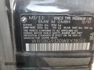 1998 BMW 3 Series M3 with VIN WBSBG9320WEY78263, listed as a Copart auction lot 84470684 with 143,944 mi miles and Clean Title. Bid and sale history available at carsss.com. Image 12.