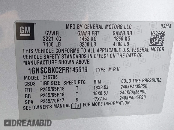 2015 Chevrolet Tahoe LT z VIN 1GNSCBKC2FR145619, wystawiony jako IAAI lot #42630761 z przebiegiem 138 287 mil mil oraz . Historia ofert i sprzedaży dostępna na DreamBid. Obrazek 9.
