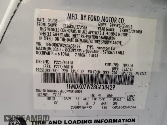 2008 Ford Taurus X Eddie Bauer with VIN 1FMDK07W28GA38429, listed as a Copart auction lot 52306605 with 135,660 mi miles and Salvage title. Bid and sale history available at DreamBid. Image 13.
