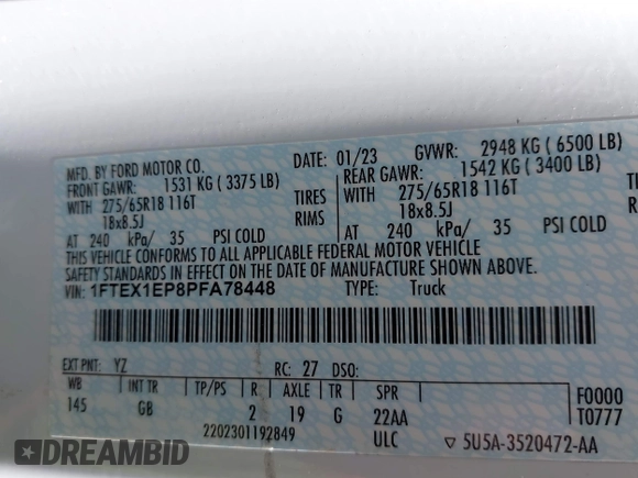 2023 Ford F-150 XL with VIN 1FTEX1EP8PFA78448, listed as a IAAI auction lot 42115100 with 31,433 mi miles and . Bid and sale history available at DreamBid. Image 9.