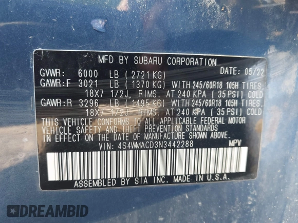2022 Subaru Ascent Premium z VIN 4S4WMACD3N3442288, wystawiony jako IAAI lot #42551645 z przebiegiem 68 810 mil mil oraz . Historia ofert i sprzedaży dostępna na DreamBid. Obrazek 9.