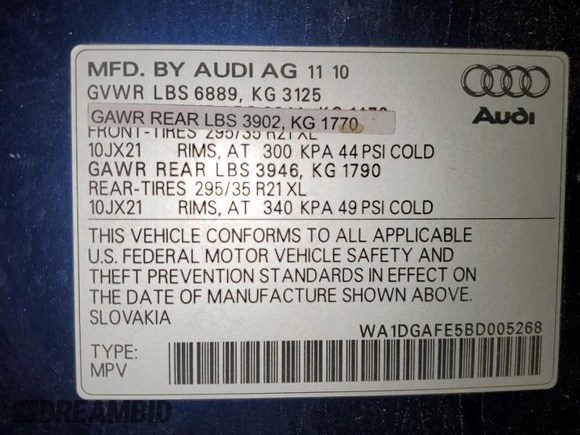 2011 Audi Q7 S line with VIN WA1DGAFE5BD005268, listed as a Copart auction lot 85074734 with 156,819 mi miles and Clean title. Bid and sale history available at DreamBid. Image 12.