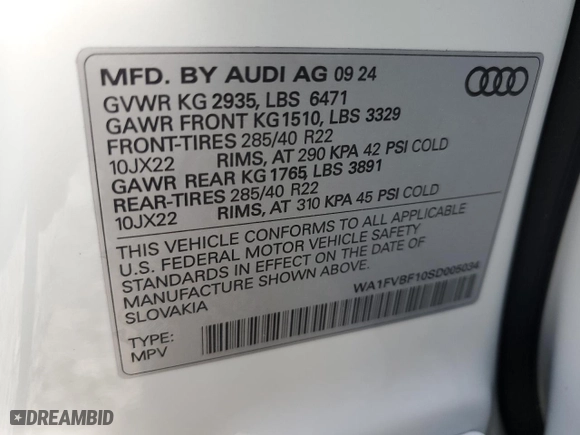 2025 Audi Q8 Prestige with VIN WA1FVBF10SD005034, listed as a Copart auction lot 44012995 with 224 mi miles and Salvage Title. Bid and sale history available at carsss.com. Image 15.