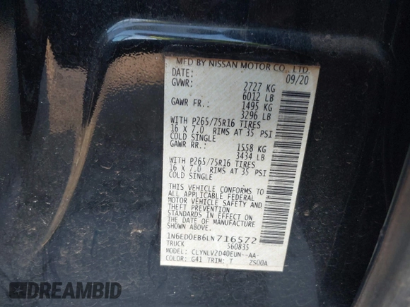 2020 Nissan Frontier SV with VIN 1N6ED0EB6LN716572, listed as a IAAI auction lot 41807080 with 53,586 mi miles and . Bid and sale history available at DreamBid. Image 9.