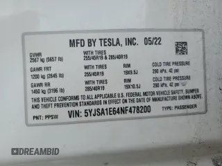 2022 Tesla Model S Plaid with VIN 5YJSA1E64NF478200, listed as a Copart auction lot 48731515 with 40,572 mi miles and Salvage Title. Bid and sale history available at DreamBid. Image 12.