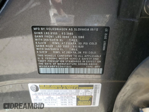 2012 Volkswagen Touareg Lux z VIN WVGEK9BPXCD011322, wystawiony jako Copart lot #87062254 z przebiegiem 110 985 mil mil oraz Szkoda całkowita • Salvage title. Historia ofert i sprzedaży dostępna na DreamBid. Obrazek 13.