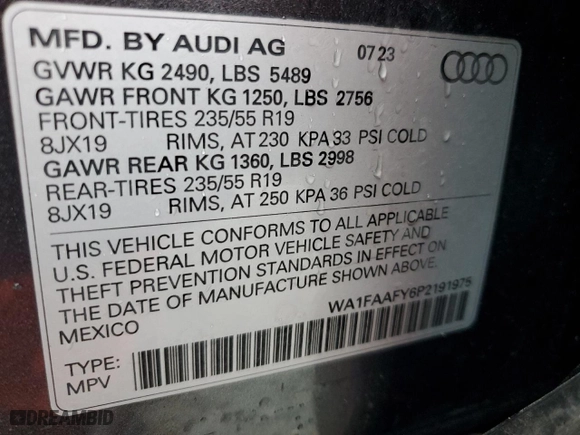 2023 Audi Q5 S line Prestige with VIN WA1FAAFY6P2191975, listed as a Copart auction lot 43663885 with 22,374 mi miles and Salvage Title. Bid and sale history available at carsss.com. Image 13.
