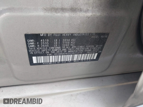 2016 Subaru Legacy 2.5i Premium with VIN 4S3BNAH62G3021210, listed as a IAAI auction lot 42108075 with 312,637 mi miles. Bid and sale history available at carsss.com. Image 9.