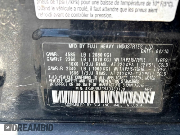 2010 Subaru Outback с VIN 4S4BRBAC9A3383130, выставлен на аукционе Copart как лот 62064895 с пробегом 192 194 миль миль и Чистый • Clean title. История ставок и продаж доступна на DreamBid. Изображение 10.