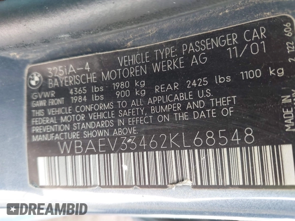 2002 BMW 3 Series 325i z VIN WBAEV33462KL68548, wystawiony jako IAAI lot #42755732 z przebiegiem Nie podano mil oraz . Historia ofert i sprzedaży dostępna na DreamBid. Obrazek 9.
