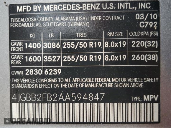 2010 Mercedes-Benz M 350 with VIN 4JGBB2FB2AA594847, listed as a Copart auction lot 50741445 with 108,307 mi miles and Salvage Title. Bid and sale history available at DreamBid. Image 13.