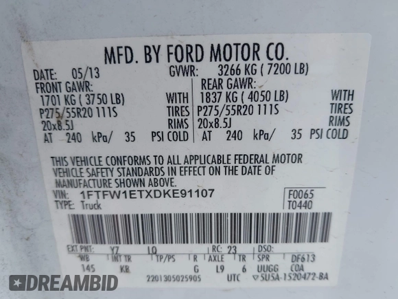 2013 Ford F-150 XL z VIN 1FTFW1ETXDKE91107, wystawiony jako IAAI lot #42129964 z przebiegiem 181 075 mil mil oraz . Historia ofert i sprzedaży dostępna na DreamBid. Obrazek 9.