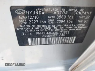 2010 Hyundai Elantra GLS with VIN KMHDU4AD3AU172821, listed as a IAAI auction lot 42479236 with Not provided miles and . Bid and sale history available at DreamBid. Image 9.
