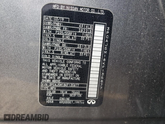 2019 Infiniti QX50 LUXE with VIN 3PCAJ5M18KF135877, listed as a Copart auction lot 71005802 with 55,640 mi miles. Bid and sale history available at carsss.com. Image 13.