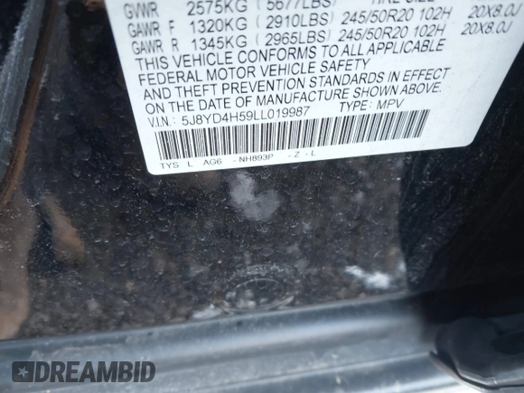 2020 Acura MDX Technology z VIN 5J8YD4H59LL019987, wystawiony jako IAAI lot #41975643 z przebiegiem 84 525 mil mil oraz . Historia ofert i sprzedaży dostępna na DreamBid. Obrazek 9.