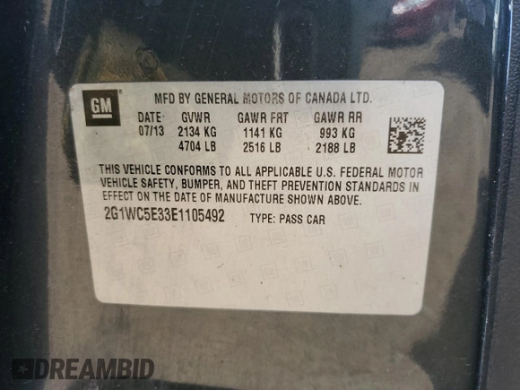 2014 Chevrolet Impala LTZ with VIN 2G1WC5E33E1105492, listed as a Copart auction lot 52814425 with 133,641 mi miles and Salvage Title. Bid and sale history available at DreamBid. Image 12.