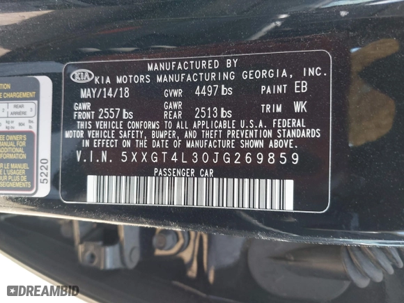 2018 Kia Optima LX with VIN 5XXGT4L30JG269859, listed as a IAAI auction lot 42045087 with 38,413 mi miles. Bid and sale history available at carsss.com. Image 9.