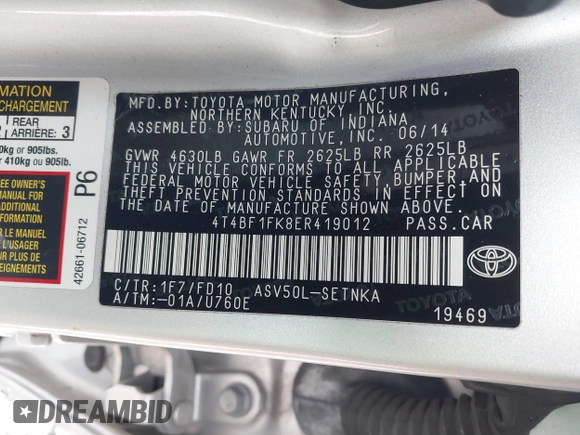 2014 Toyota Camry L with VIN 4T4BF1FK8ER419012, listed as a IAAI auction lot 41819331 with 84,372 mi miles and . Bid and sale history available at DreamBid. Image 9.